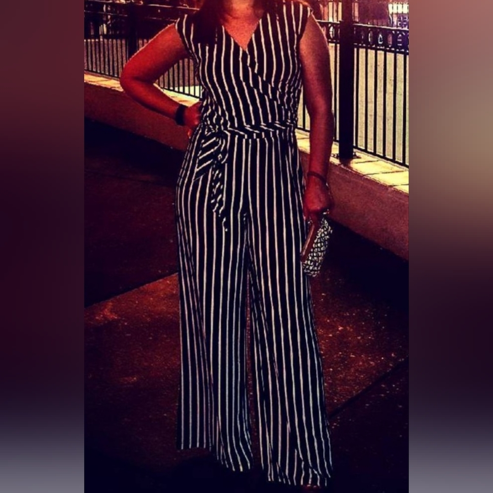 RALPH LAUREN BLACK AND WHITE STRIPED WIDE LEG JUMPSUIT